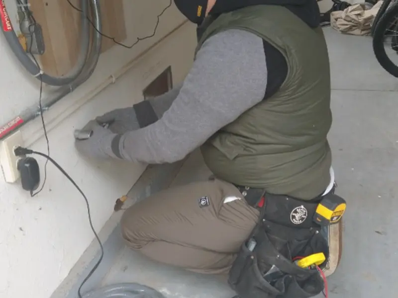 Electrician performing outlet wiring in a Marblehead garage